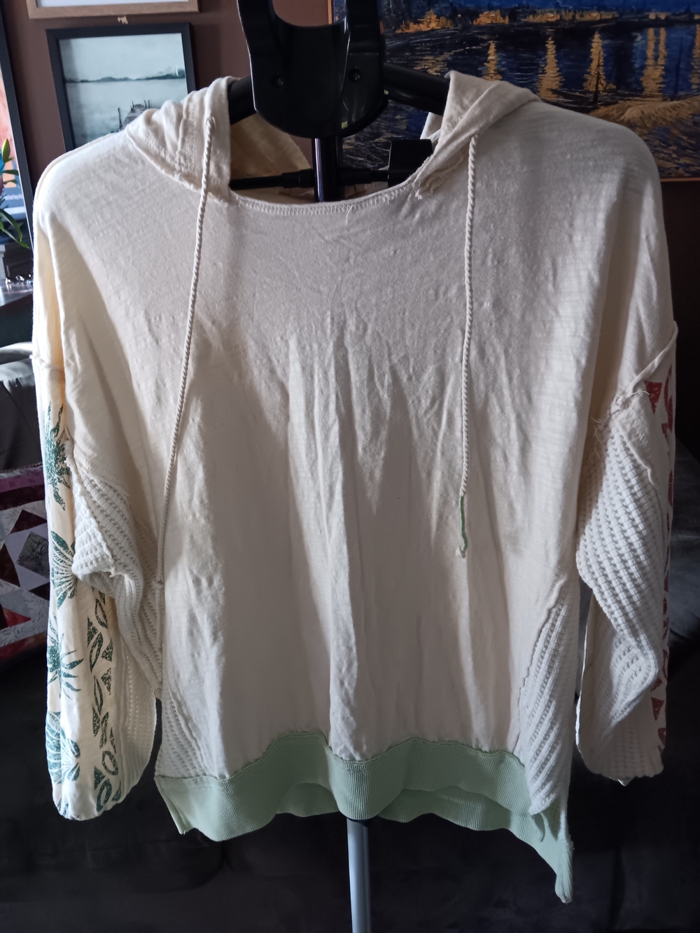Three Bird Nest Cream Hooded Pullover with Mint Hem and Printed Sleeves